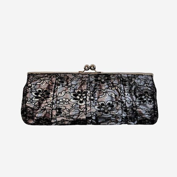 Express Clutch Evening Bag Black Silver Lace Kiss Lock Rectangular Whimsigoth - Picture 2 of 9